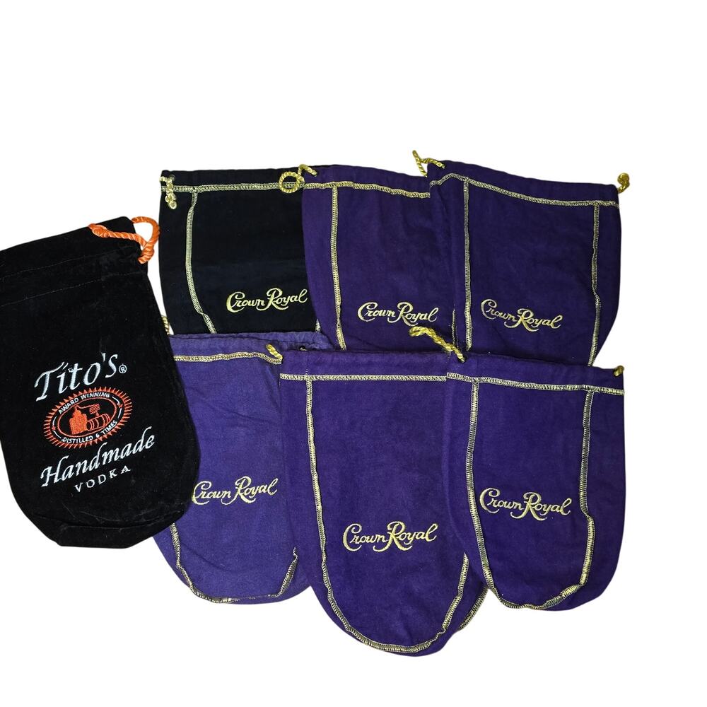 Lot of 6 Various Sizes Crown Royal Bags Purple Gold, 1 Black Titos Vodka Bag